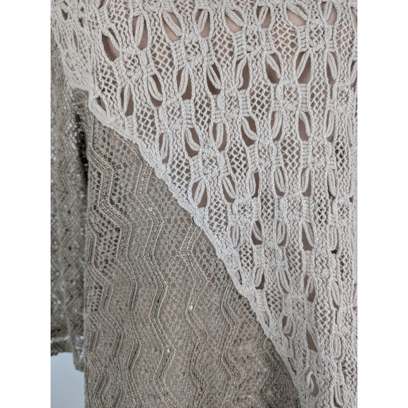 Chico's Nora Linen L XL Mixed Media Modern Asymmetrical Open Knit Tan Pullover - Picture 4 of 9